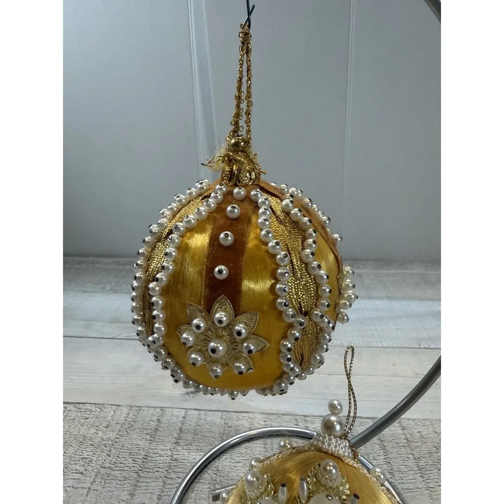 Set 2 Vintage Gold Satin Christmas Ornaments Faux Pearl Beaded Tassel Victorian